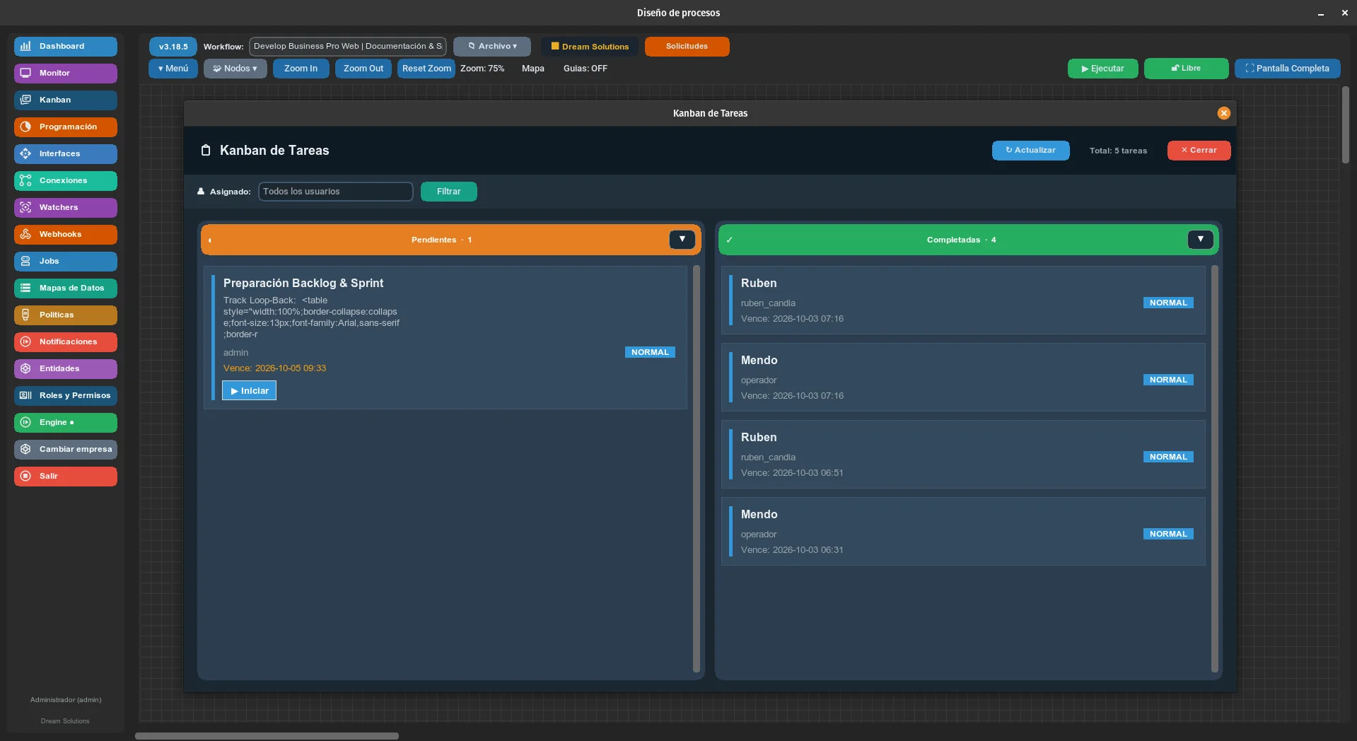 Kanban de tareas con columnas En proceso y Completadas