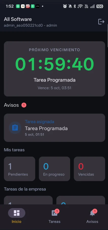 Inicio de la app con cuenta regresiva del próximo vencimiento