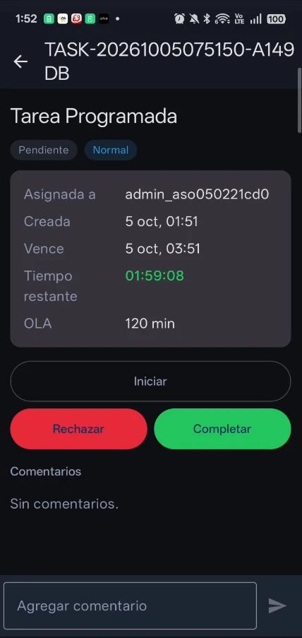 Detalle de tarea con botones Iniciar, Rechazar y Completar