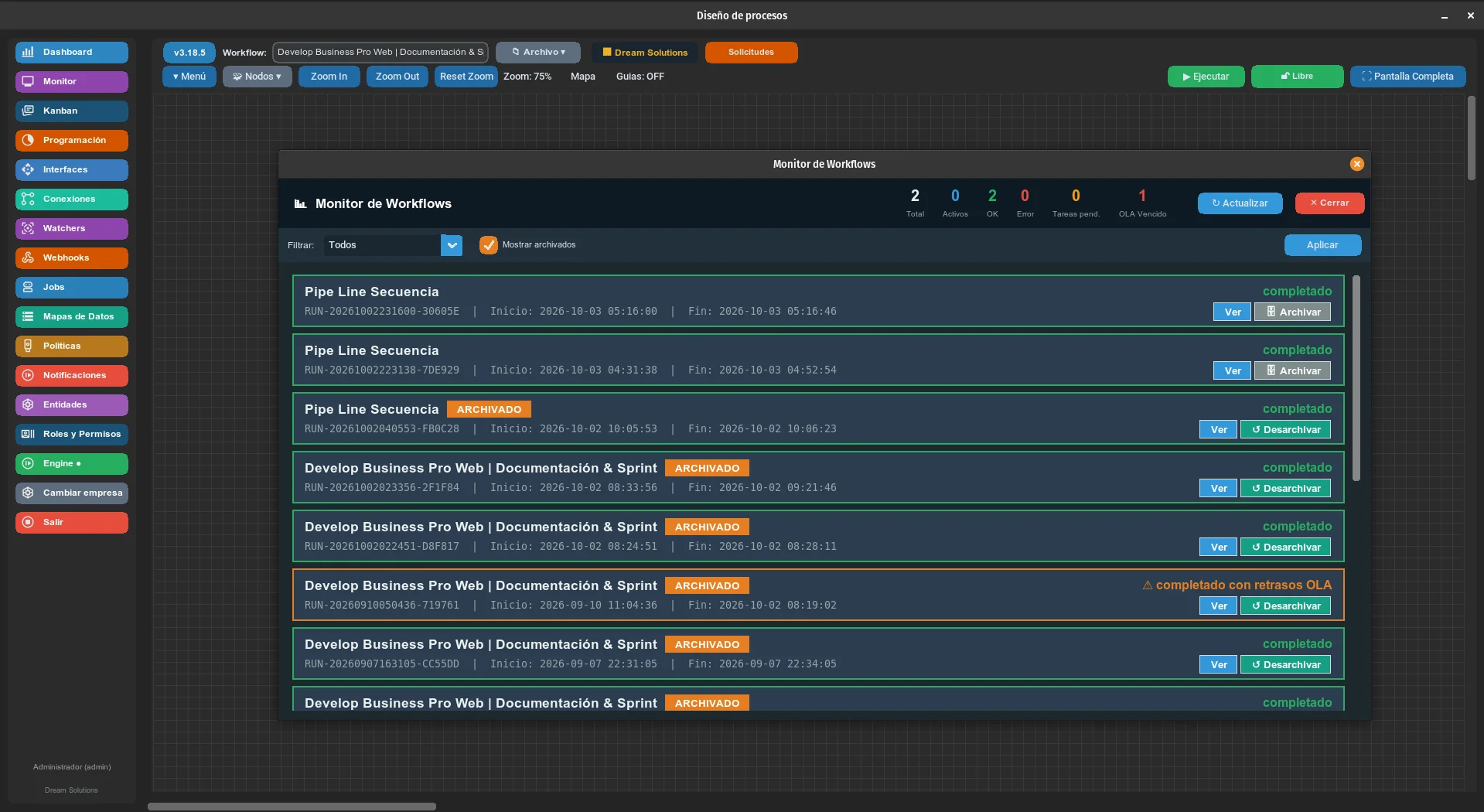 Monitor de workflows con instancias completadas y archivadas