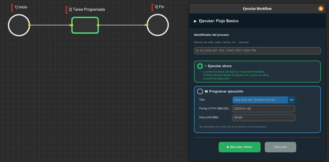 Ejecutar workflow ahora o programar su ejecución