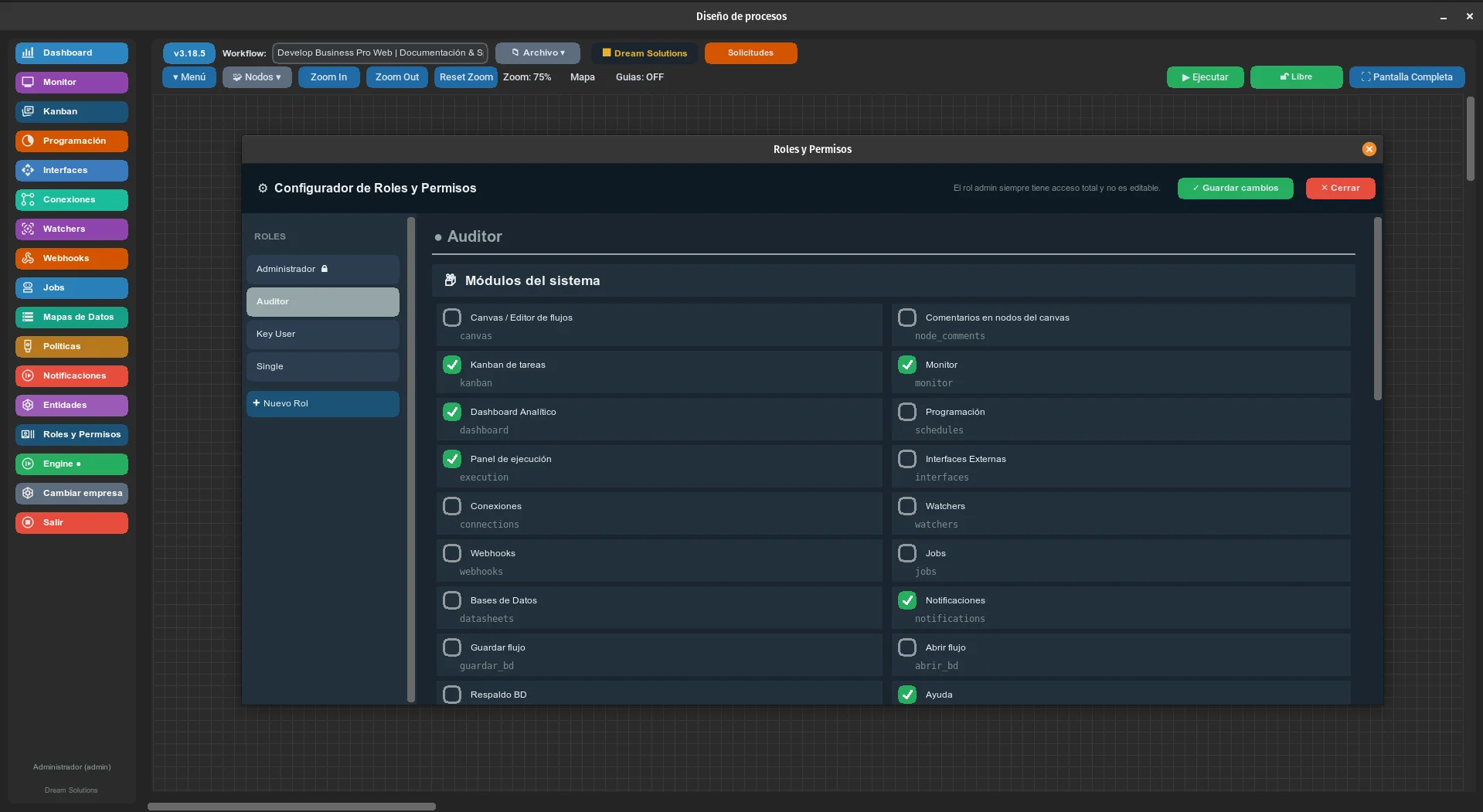 Configurador de roles y permisos por módulo